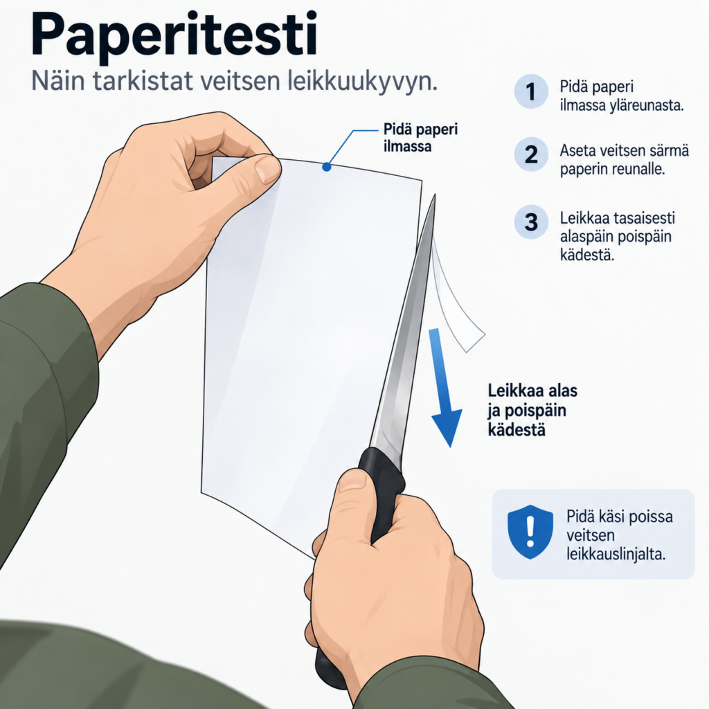 Fileerausveitsen leikkuukyvyn testaaminen paperilla